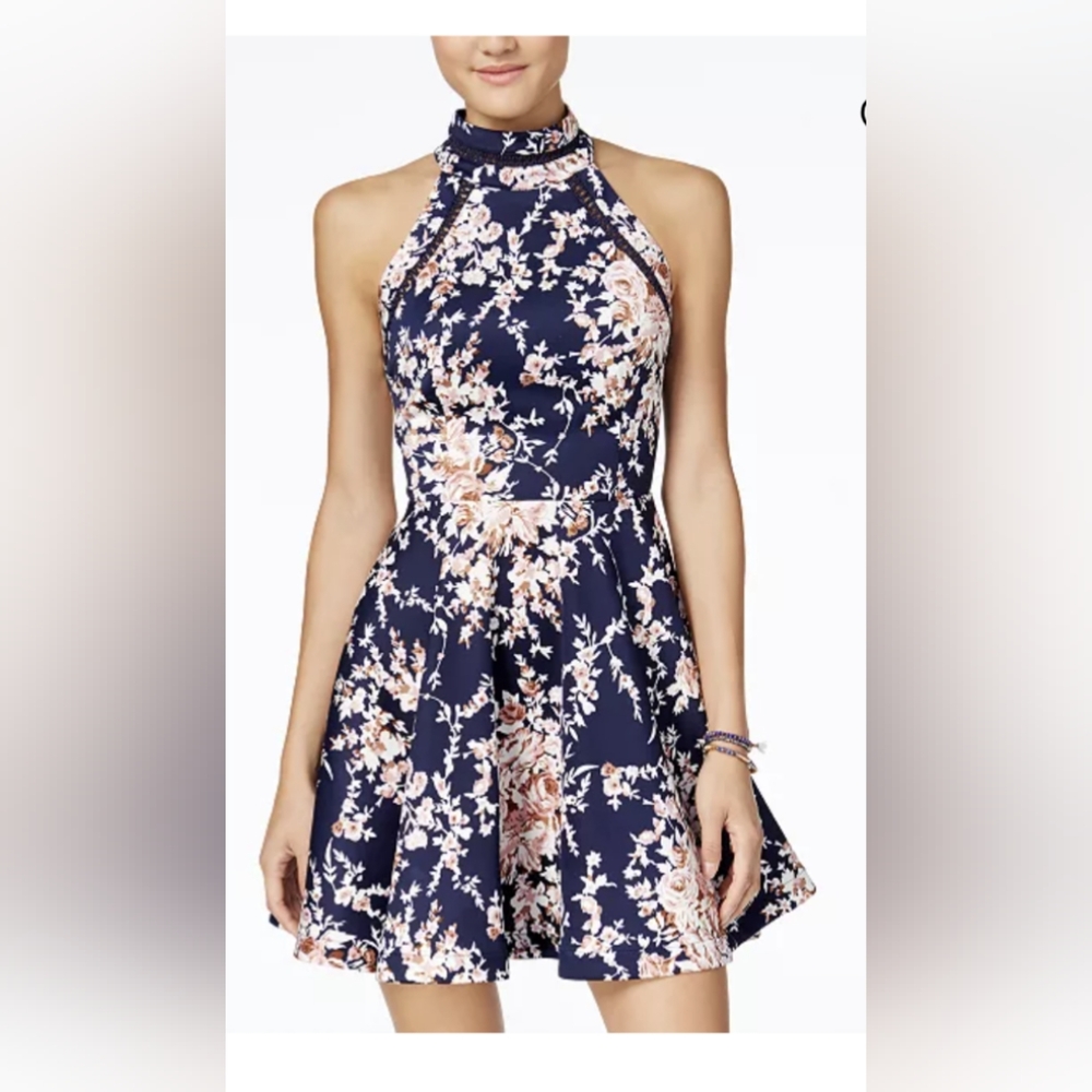 Printed Mock-Neck Crochet-Trim Fit & Flare Dress